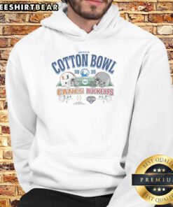 2025 Goodyear Cotton Bowl hoodie featuring Miami Hurricanes vs Ohio State Buckeyes design, perfect for fans.
