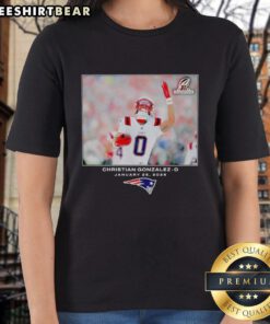 Christian Gonzalez in a New England Patriots tee, showcasing NFL style for ladies, perfect for fans in 2026.