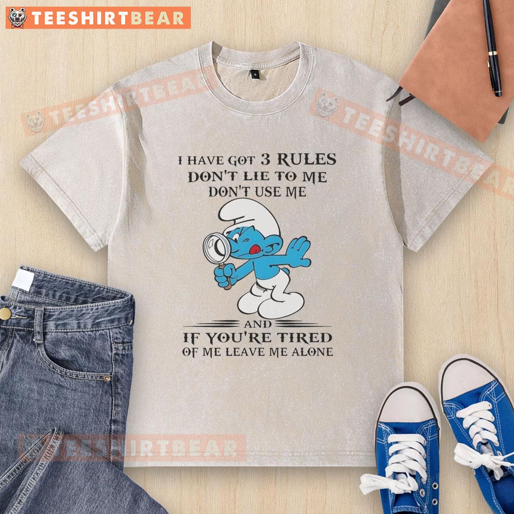 Top Smurf I Have Got 3 Rules Don't Lie to Me Don't Use Me washed t-shirt design featuring colorful smurf graphics.