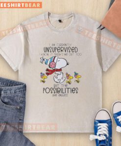 Alt Text: Snoopy and Woodstock on a washed t-shirt with 'I Am Currently Unsupervised' text, perfect for casual wear.