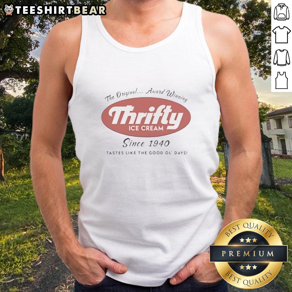 Vintage tank top featuring 'Top Thrifty Ice Cream Since 1940' design, celebrating nostalgic flavors and memories.