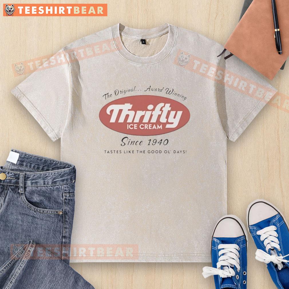 Vintage Top Thrifty Ice Cream washed t-shirt, celebrating classic flavors since 1940, perfect for nostalgic ice cream lovers.
