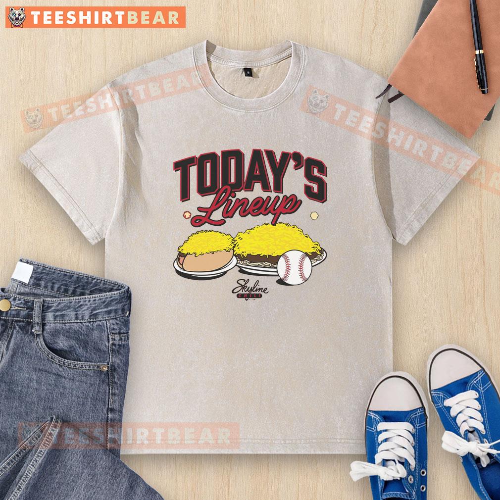 Alt Text: Skyline Chili washed t-shirt featuring today's lineup graphic, perfect for fans and casual wear enthusiasts.
