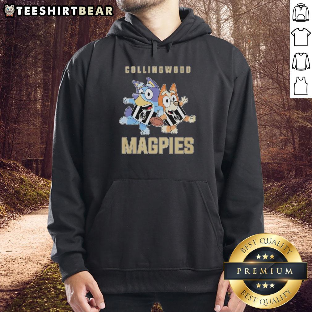 Alt Text: Bluey and Bingo wearing a Collingwood Magpies hoodie, showcasing their awesome style and team spirit.