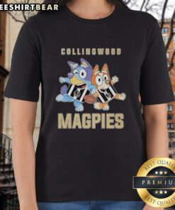 Awesome Bluey and Bingo in Collingwood Magpies outfit on a ladies tee, perfect for fans and casual wear.