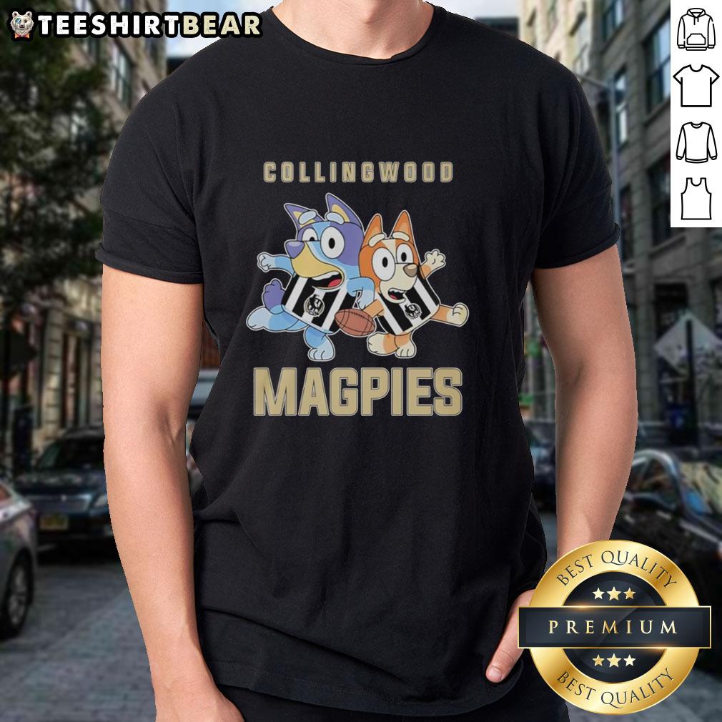 Awesome Bluey and Bingo wearing Collingwood Magpies outfit t-shirt, perfect for fans of both the show and the team.