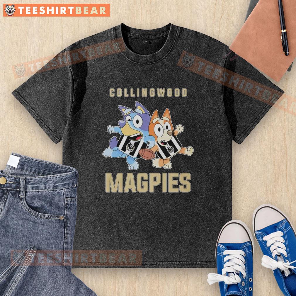 Alt Text: Bluey and Bingo wearing Collingwood Magpies outfits on a washed t-shirt, perfect for fans of the series.