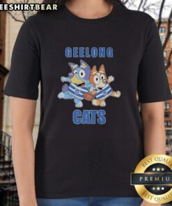 Alt Text: Awesome Bluey and Bingo in Geelong Cats outfit on a ladies tee, perfect for fans and casual wear.