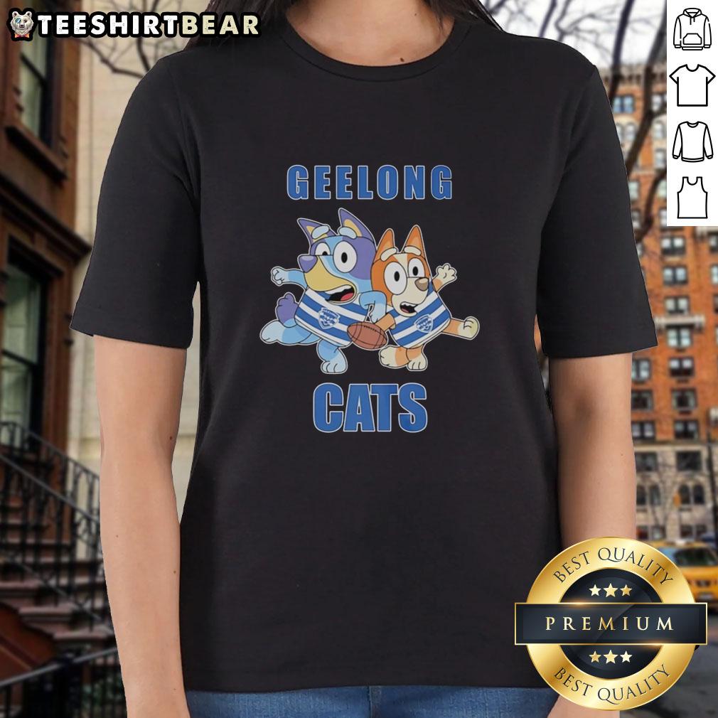 Alt Text: Awesome Bluey and Bingo in Geelong Cats outfit on a ladies tee, perfect for fans and casual wear.