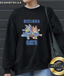 Bluey and Bingo wearing Geelong Cats outfit sweatshirt, showcasing adorable cartoon characters in vibrant colors.