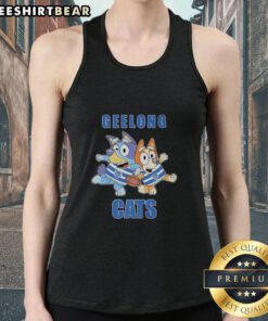 Alt Text: Awesome Bluey and Bingo wearing Geelong Cats outfit tank top, perfect for fans of the animated series and sports.