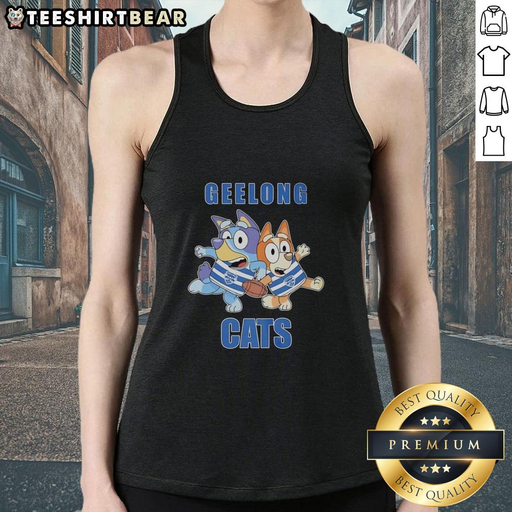 Alt Text: Awesome Bluey and Bingo wearing Geelong Cats outfit tank top, perfect for fans of the animated series and sports.