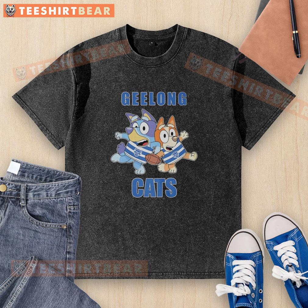 Alt Text: Awesome Bluey and Bingo wearing Geelong Cats outfit on a washed t-shirt, perfect for fans of the show and sports.