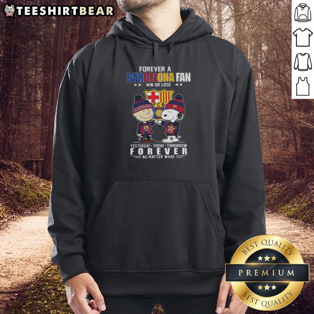 Awesome Charlie Brown and Snoopy Forever hoodie for Barcelona fans, celebrating loyalty in sports, win or lose.