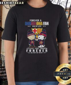 Awesome Charlie Brown and Snoopy Forever Barcelona Fan tee for ladies, perfect for sports lovers win or lose.