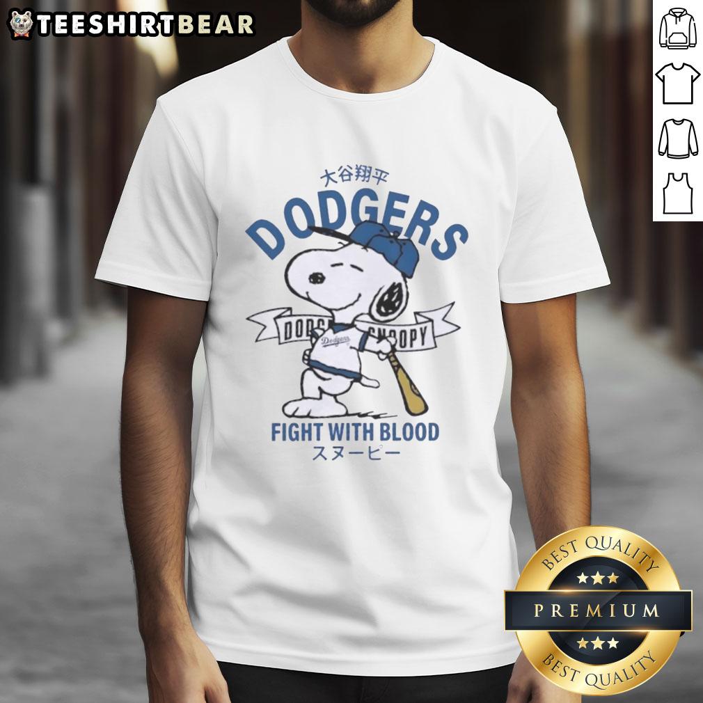 Awesome Peanuts Snoopy X Los Angeles Dodgers Fight With Blood T-Shirt featuring Snoopy in a Dodgers uniform.