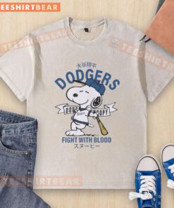 Alt Text: Awesome Peanuts Snoopy X Los Angeles Dodgers Fight With Blood Washed T-Shirt featuring iconic cartoon design.