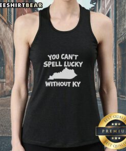 Kentucky map tank top design featuring 'You Can't Spell Lucky Without Kentucky' slogan in vibrant colors.