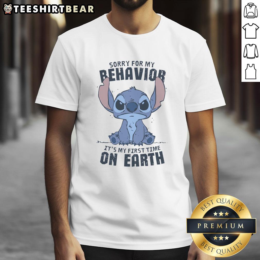 Alt Text: Cute Sorry For My Behavior It's My First Time On Earth Stitch T-Shirt featuring vibrant colors and playful design.