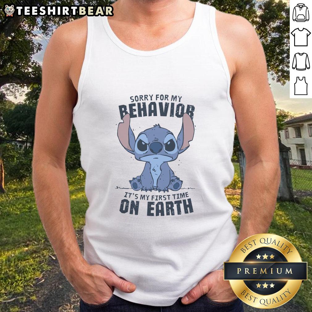 Alt Text: Cute Stitch tank top with Sorry For My Behavior, It's My First Time On Earth print, perfect for casual wear.