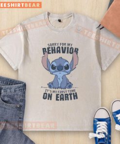 Alt Text: Cute Stitch Sorry For My Behavior, It's My First Time On Earth washed t-shirt for playful casual wear.