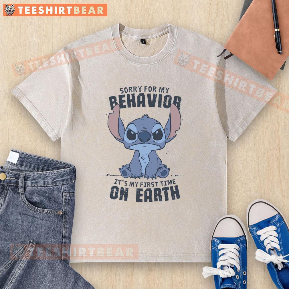 Alt Text: Cute Stitch Sorry For My Behavior, It's My First Time On Earth washed t-shirt for playful casual wear.