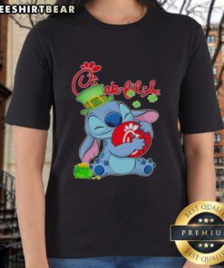 Cute Stitch with St. Patrick's Hug and Chick-fil-A logo on a ladies tee, perfect for festive celebrations.