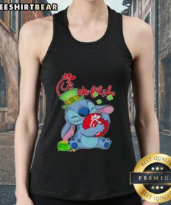 Adorable Stitch design on a St. Patrick's Day tank top featuring Chick-fil-A logo and festive elements.