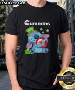 Alt Text: Cute Stitch with St. Patrick's Day Hug Cummins Logo T-Shirt featuring a playful design and festive colors.