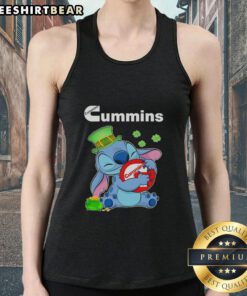 Alt Text: Cute Stitch with St. Patrick's Day hug and Cummins logo on a trendy tank top for festive celebrations.