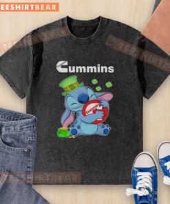Cute Stitch with St. Patrick's Hug Cummins logo on a washed T-shirt, perfect for festive celebrations.