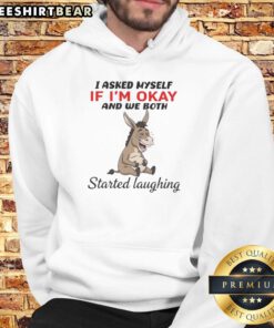 Alt Text: Funny donkey hoodie with the phrase 'I asked myself if I'm okay, and we both started laughing' in vibrant colors.