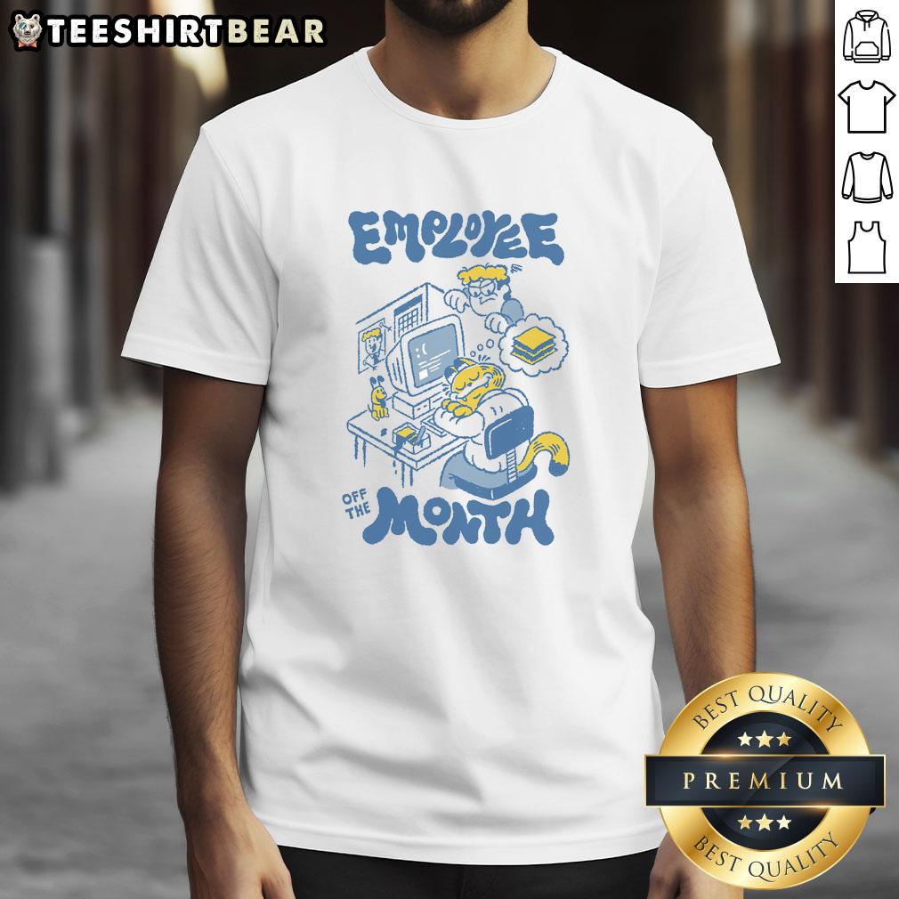 Alt Text: Funny Garfield Employee Off The Month T-Shirt featuring a vibrant graphic of Garfield celebrating workplace humor.