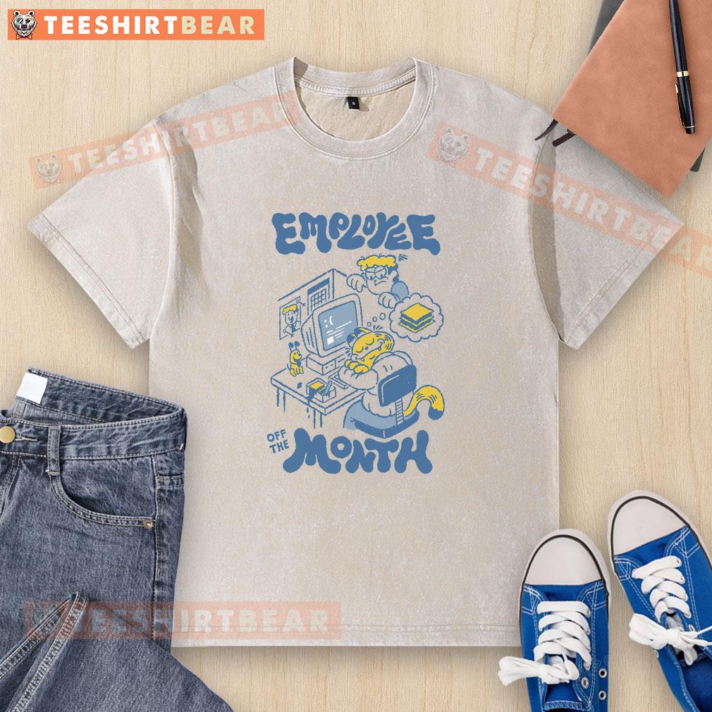 Funny Garfield Employee of the Month design on a washed t-shirt, showcasing humor and cartoon charm for casual wear.