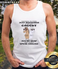 Funny horses tank top design: 'Partners in Crime' with a humorous twist about being deaf and not speaking English.