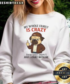 Alt Text: Funny pug sweatshirt with text 'My Whole Family Is Crazy, That Shit Didn't Just Start With Me' for pet lovers.