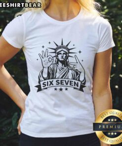 Alt Text: Funny Statue of Liberty graphic on a 67 ladies tee, perfect for casual wear and celebrating American humor.