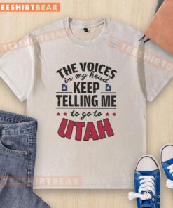 Funny 'The Voices In My Head Keep Telling Me To Go To Utah' washed t-shirt design featuring playful text and vibrant colors.