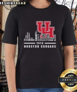 2026 Houston Cougars Football Ladies Tee featuring city skyline and team name for fans and supporters.