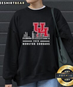 Alt Text: Good 2026 Houston Cougars Football sweatshirt featuring city skyline design and team names for fans.