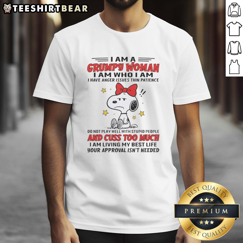 Alt Text: Grumpy woman t-shirt design featuring 'Good I Am A Grumpy Woman I Have Anger Issues Thin Patience' slogan.