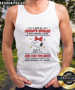 Grumpy woman wearing 'I Am Who I Am' tank top, showcasing humor about anger issues and thin patience.