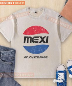 Good Mexi Enjoy Ice Free Pepsi parody logo on a washed t-shirt, featuring a vibrant and playful design for casual wear.