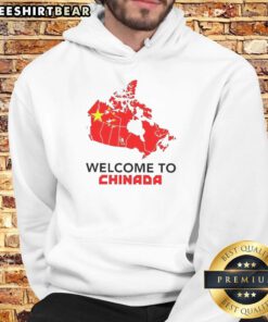 Caricature hoodie featuring a colorful map of Canada with 'Hot Welcome to Chinada' graphic design.