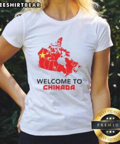 Caricature map of Canada featuring 'Hot Welcome to Chinada' design on a ladies tee, perfect for Canadian pride.