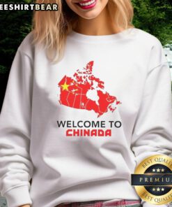 Caricature sweatshirt featuring a colorful map of Canada with 'Hot Welcome to Chinada' text, perfect for casual wear.