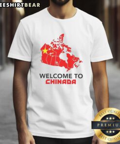 Alt Text: Hot Welcome to Chinada Canada Map Caricature T-Shirt featuring vibrant graphics and unique design for tourists.