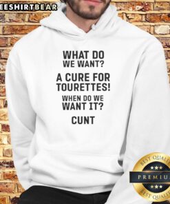 Hot 'What Do We Want? A Cure For Tourette's' hoodie featuring bold lettering and a unique design for awareness.