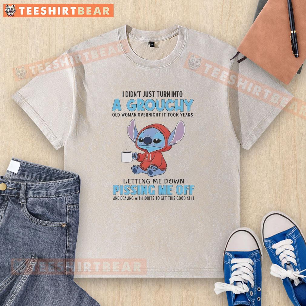 Funny washed t-shirt with 'I Didn't Just Turn Into A Grouchy Old Woman Overnight, It Took Years' print design.