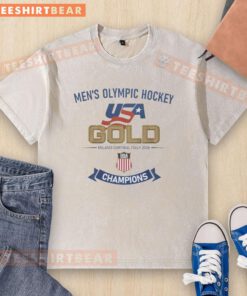 Alt Text: Men's Olympic Hockey Gold Champions T-Shirt for USA Hockey, Milano Cortina 2026, featuring a stylish washed design.